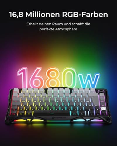 GravaStar Mercury K1 75% Mechanische Gaming Tastatur, QWERTZ Layout (DE), Magnesiumlegierung Exoskelett, Tri-Mode (2.4G/BT/USB-C), Hot Swap, Gasket Mount, RGB - Farbverlauf Schwarz 6