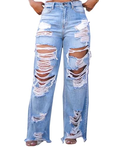 Women's Trend Distressed Ripped Jeans High Waisted Cutout Straight Baggy Wide Leg Denim Pants Plus Size Long Pants