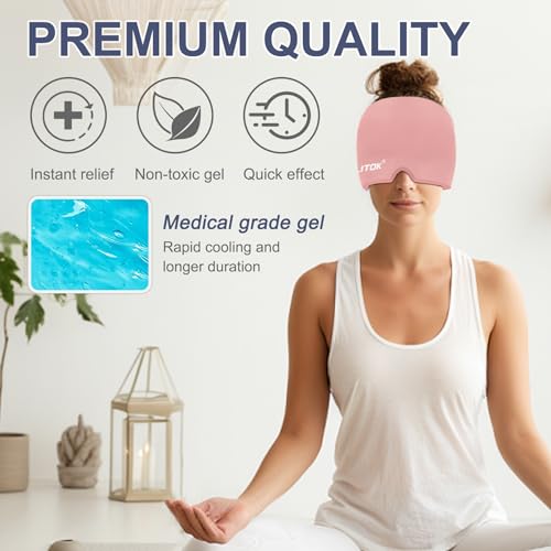Image of EXQUISLIFE Migraine Headache Relief Cap, Gel Ice Head Wrap, Hot and Cold Therapy, Headache Eyes Mask for Sinus, Puffy Eyes, Tension and Stress Relief (Pink)