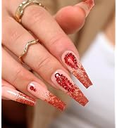Aegenacess Press On Nails Coffin - Red Press On Nails Long, Luxurious Glue On Nails with Gems, Se...