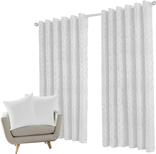 ml MassAri Limited Sandra White Jacquard Curtains 46''x54'' Eyelet Ring Top Curtains For Bedroom Living Room With 2 Tie Backs (Sandra White, 46" x 54")
