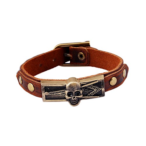 JSEA Vintage Metal Embossed Masonic Freemasonry Skull Brown Leather Bracelet Bangle2