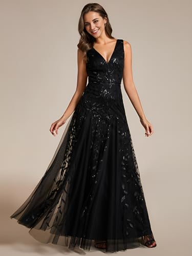 Image of Ever-Pretty Women's Prom Dresses V Neck Sleeveless Tulle Hem A-Line Sequins Maxi Ball Gowns 02130