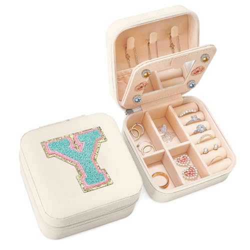 SANDJEST Personalized Jewelry Box, White Travel Jewelry Box with Initial Y, Small Monogrammed Jewelry Case Organizer for Girls Women Teen Kids, Mini Travel Essentials Gifts for Birthday Christmas