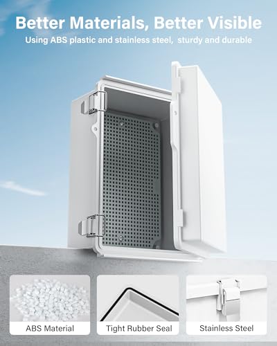 Waterproof Junction Box ABS Plastic, Outdoor Electrical Box IP67 Hinged Cover Project Box with Mounting Plate Wall Brackets and 2 Cable Glands, Grey Electrical Enclosure 8.7\"x6.7\"x4.3\"