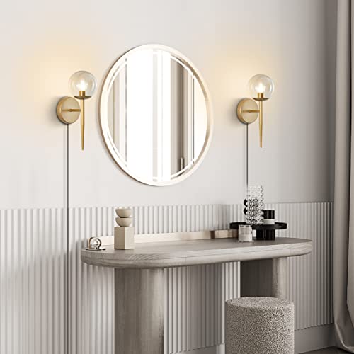 Image of BOKT Vintage Brushed Gold Plug in Cord Wall Sconce Set of Two Mid Century Modern Globe Wall Sconce Lighting Plug in Set of 2 Vanity Bathroom Bedroom Bar Wall Lamp Plug in (Amber)