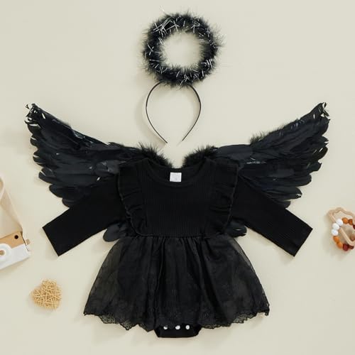 Baby Girls Rompers Dress Ruffles Long Sleeve Lace Embroidery Skirt Hem Jumpsuits Bodysuits with Halo Headband and Angel Wing3