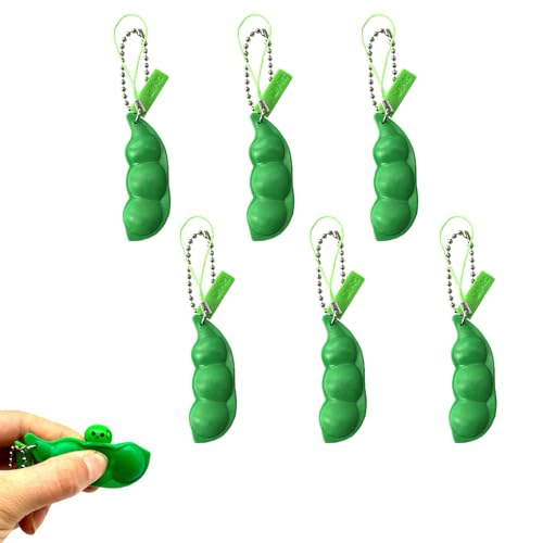 6 Stück Quetschbohnen Schlüsselanhänger,Fidget Toy,Squishy Erbsenkapsel,Stimming Toys Erwachsene,Fidget Toys Kinder,Stressabbau Spielzeug,Squishy Sojabohnen Anhänger für Reduziert Angst und Stress