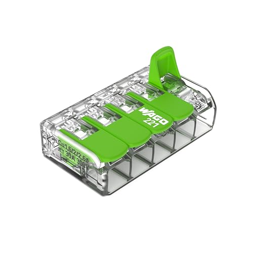 WAGO Green Range 221-423 - Morsetto a 5 conduttori, fino a 4 mm², morsetti di collegamento a 5 poli con leva, per tutti i tipi di conduttori, 25 pezzi