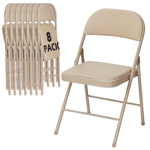 Image of 8 Pack Khaki Folding Chairs with Padded Cushion and Metal Frame