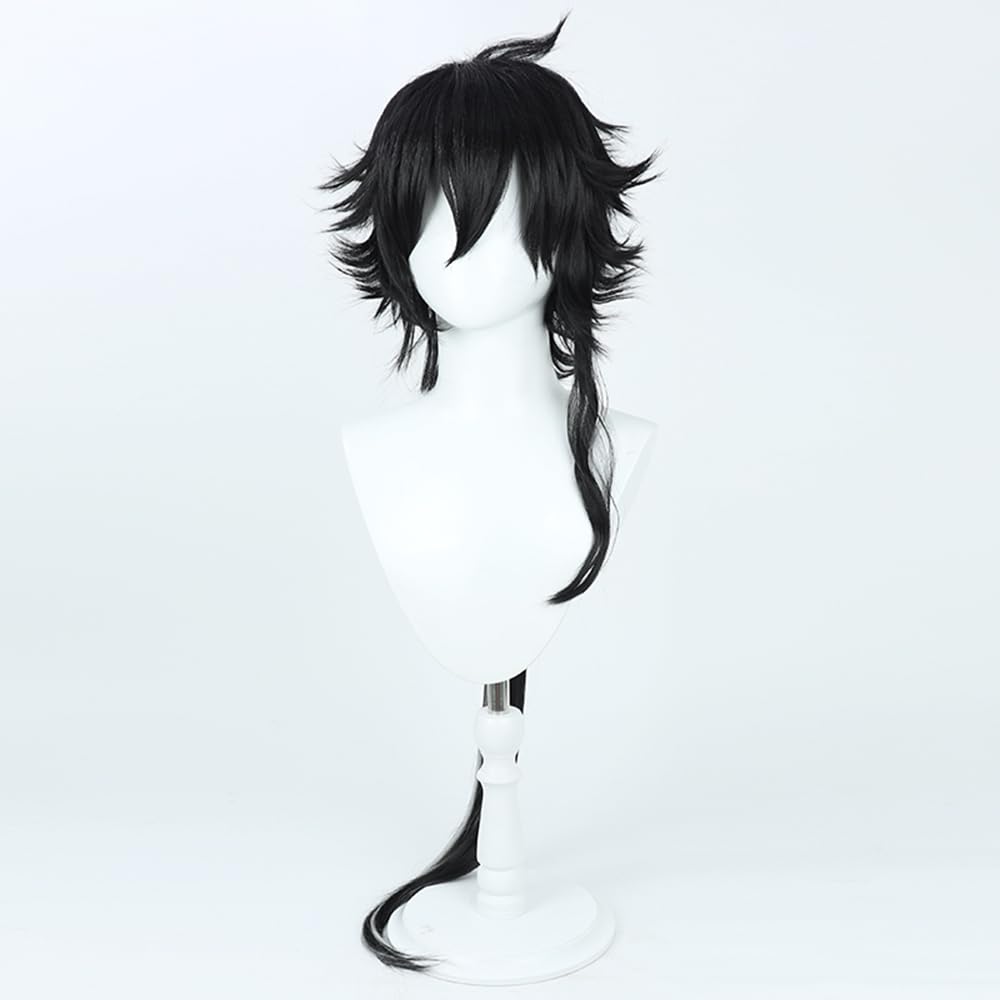 Ebenholz Cosplay Wig Men Black and Silver Gradient Long Pigtails Wig Hair Role Play Halloween Christmas Costume Comic Convention Heat Resistant Synthetic Wigs+Wig Cap
