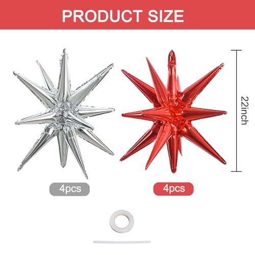 Image of TONIFUL 8 Pcs Explosion Star Balloons Red Silver Foil Balloon Party Decor | 22 Inch Large Mylar Star Balloon for Adults Birthday New Year Modern Wedding Bridal Shower Christmas Photo Booth Supplies