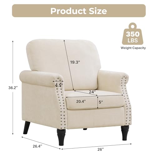Image of Accent Chair Set of 2 for Living Room Modern Mid Century Reading Chair Armchair High Back Upholstered Armchair with Wooden Legs for Living Room Bedroom Office Beige