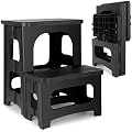 Amoise Folding 2-Step Stool, Non-Slip Portable Footstool 8" & 17" Dual Heights, Holds 250 lbs, Portable Footstool for Kitchen Home Toilet Bedroom Office Bathroom RV(Black)