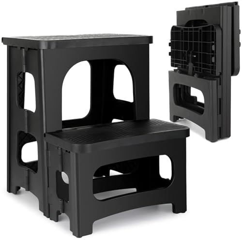 Amoise Folding 2-Step Stool, Non-Slip Portable Footstool 8” & 17” Dual Heights, Holds 300 lbs, Portable Footstool for Kitchen Home Toilet Bedroom Office Bathroom RV(Black)