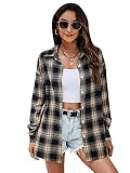 DIDK Damen Kariertes Hemd Blusen Karo Muster Overshirt mit Plaid Boyfriend Hemdbluse Karohemd Button-down Langarm Blusenshirt Freizeit Braun-Schwarz M