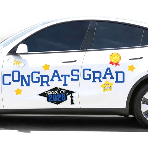 Image of Congrats Grad Car Magnets Graduation Magnetic Car Decorations Class of 2026 Car Parade Decor Signs Car Magnet Decal Stickers Graduation Party Decor Blue