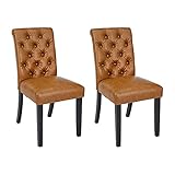 CangLong Mid-Century Tufted Leather Kitchen Counter Upholstered Dining Chairs with Wood Legs Set of 2,Brown