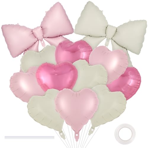Image of 12 Pcs 18 Inch Heart Balloons and 38 Inch Bow Balloons, Large Foil Bow Heart Balloon Bow Party Decorations for Birthday Baby Shower Valentines Wedding Party
