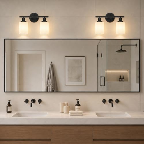 Image of Unicozin 2 Light Bathroom Light Fixtures, Modern Vanity Lights with Milky Glass Shade, Black Wall Lamp Over Mirror for Bathroom, Living Room, Cabinet, Bedroom, E26 Base