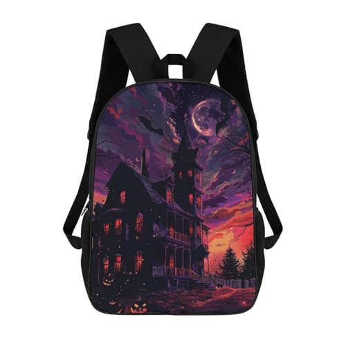 Black Haunted House Backpack 17 Inch Laptop Backpack Water Resistant Bookbag Large Capacity Travel Bag