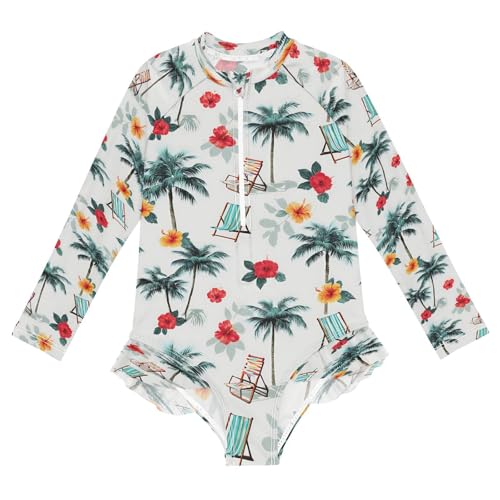 Palm Trees Beach Chairs Girls Long Sleeve Swimsuits One Piece Zipper Bathing Suit UPF 50+ Rashguard Swimwear