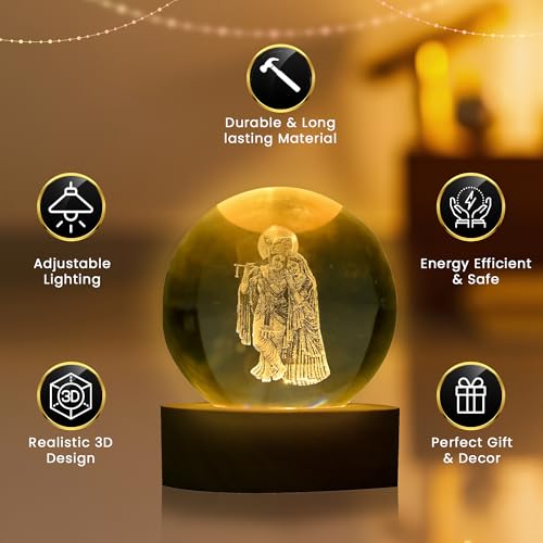 Image of 3D Crystal Radha Krishna Lamp LED Light Base with Laser Engraved Divine Idol in Glass Spiritual Night Light for Home, Temple, Office Hindu God Gift for Pooja, Festivals & Decor