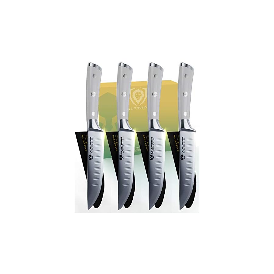 Dalstrong-Steak-Knives-Set-of-4-5-Straight-Blade-Edge-Gladiator-Series-Forged-German-High-Carbon-Steel-wSheaths-Glacial-White-ABS-Handle-NSF-Certified Dalstrong Steak Knife Set-4-5 Straight Blade Edge-Gladiator Series-Forged German High-Carbon Steel-w/Sheaths-Glacial White ABS Handle-Dinner Set Kitchen Knives