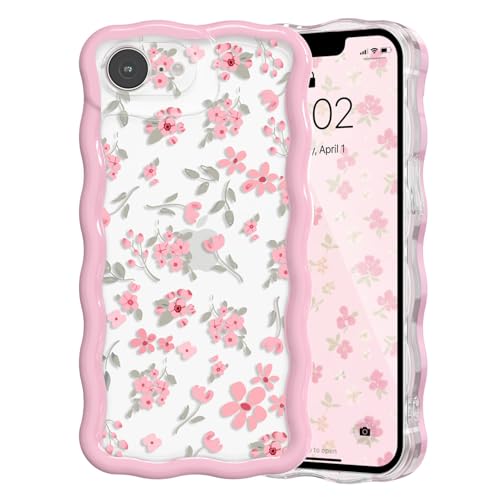 Coque iPhone 16e fleur rose esthétique avec cadre ondulé pour sorties et café