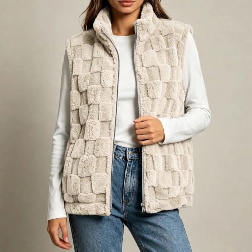 Womens Fleece Vest Textured Fuzzy Sleeveless Jacket Zip Up Stand Collar - image 7