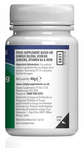 Ginkgo Biloba 3.000mg, Ginseng Coreano 1.000mg con Vitamina B6 y Hierro – Complemento Alimenticio Natural de Alta Potencia – 360 Comprimidos Veganos – Formato 4 Meses – SimplySupplements