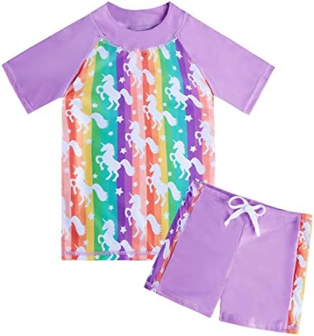 AIDEAONE Kid Girls 2-Piece Rashguard Set Stripe Unicorn Swimsuit Beach Vacation Short Sleeve Skin Protection Bathing Suit with Shorts 5-6X