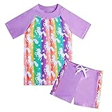 AIDEAONE Kid Girls 2-Piece Rashguard Set Stripe Unicorn Swimsuit Beach Vacation Short Sleeve Skin Pr