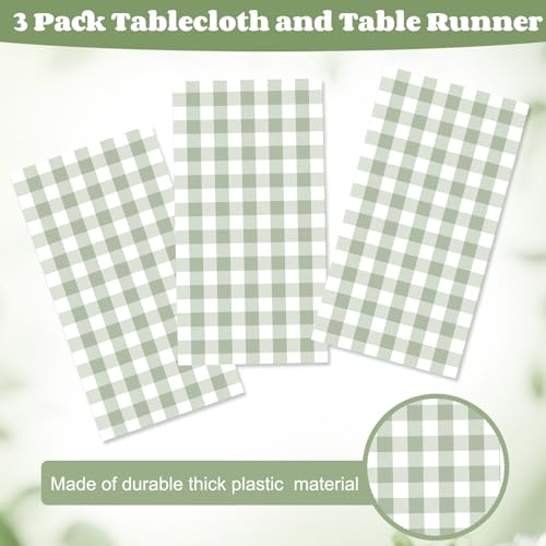 Image of Ganeen 3 Pcs Green and White Checkered Tablecloths Disposable Plastic Gingham Table Cloths Waterproof Rectangle Plaid Table Cover for Christmas Wedding Picnic Birthday Party Decor, 54 x 108 Inch
