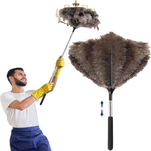 17-40 Inch Retractable Ostrich Feather Duster, Long Handle Reusable Retractable Cleaning Tool,Feather Dusters for Cleaning Ceiling Fans, Chandeliers, Ceilings and Furniture