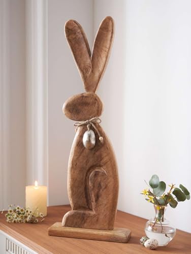 Dekoleidenschaft große Dekofigur Osterhase aus Mango-Holz, 63 cm hoch, Osterdeko, Holzdeko, Osterfigur