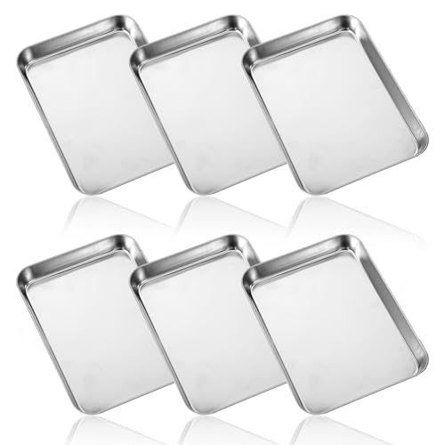 6 Pcs Baking Sheet Stainless Steel Cookie Small Metal Sheet Pans Professional Rectangle Oven Trays Kitchen Baking Cooking Oven and Toaster, Dishwasher Safe