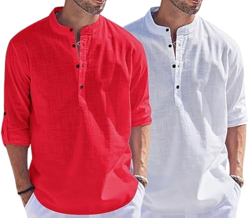 Image of Men's Cotton Blend Straight Kurta Shirt Combo with Mandarin Collar - Slim Fit Casual Short Kurti Set Featuring Textured Slub Fabric and Roll-Up Full Sleeves