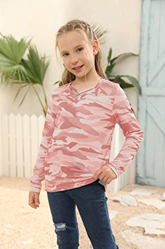 Image of Girls Camouflage Stripe Short Sleeve Shirts V Neck Criss Cross Tees Sweat Kids Casual Sport Tops Blouse（4-15T）