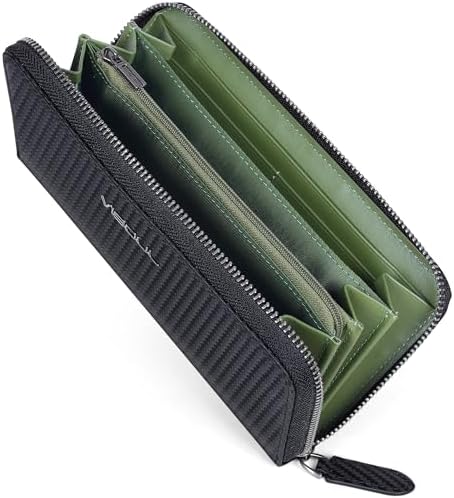 VISOUL Leather Long Zipper Pouch Wallet for Men and Women with RFID Blocking, Large Clutch Cash Long Wallet with Zipper (Carbon Fiber, Green)