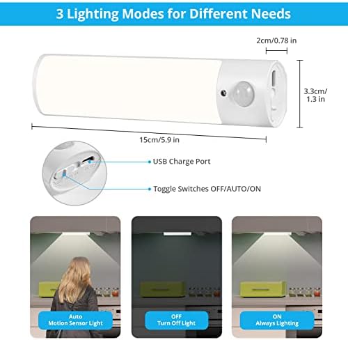Fuers Wardrobe Lights with Motion Sensor | 2 Pack USB Rechargeable Cupboard Lights with 3 Modes(AUTO/ON/Off) | LED Night Light Stick-On with Magnetic Strips for Bedroom, Cupboard, Hallway, Kitchen