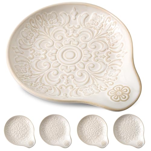 Howise Farmhouse Ceramic Spoon Rests Holder for Kitchen Counter Stove Top (White-A1)