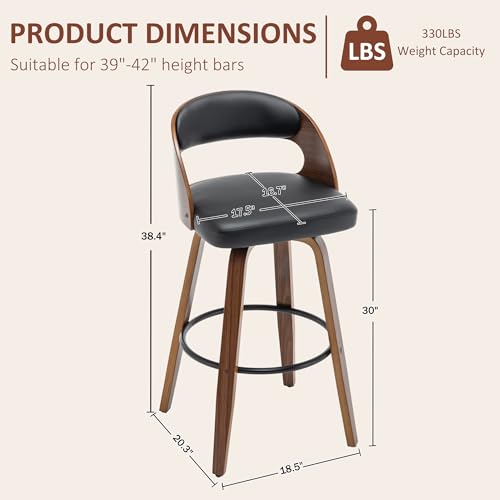 Image of AQG Swivel Bar stools Set of 4 Bar Chairs 30 inch Counter Height Mid-Century Modern Bentwood Barstool PU Leather Upholstered Bar Chair with Back and Footrest, for Bar, Cafe, Dining, Kitchen Island, Black