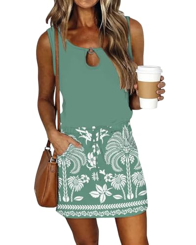 Image of SAUKOLE Womens Summer Causal Loose Sleeveless Crew Neck Drawstring Waist Mini Short Dress with Pockets