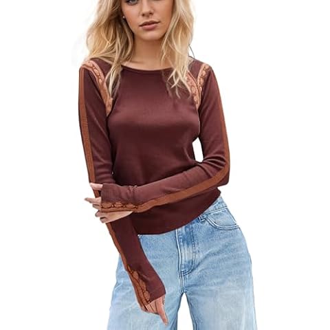 calbatic Women Contrast Lace Trim Long Sleeve Tops Ribbed Knit Boat Neck Slim Fit Going Out T-Shirt Fall Winter Clothes Brown Cover