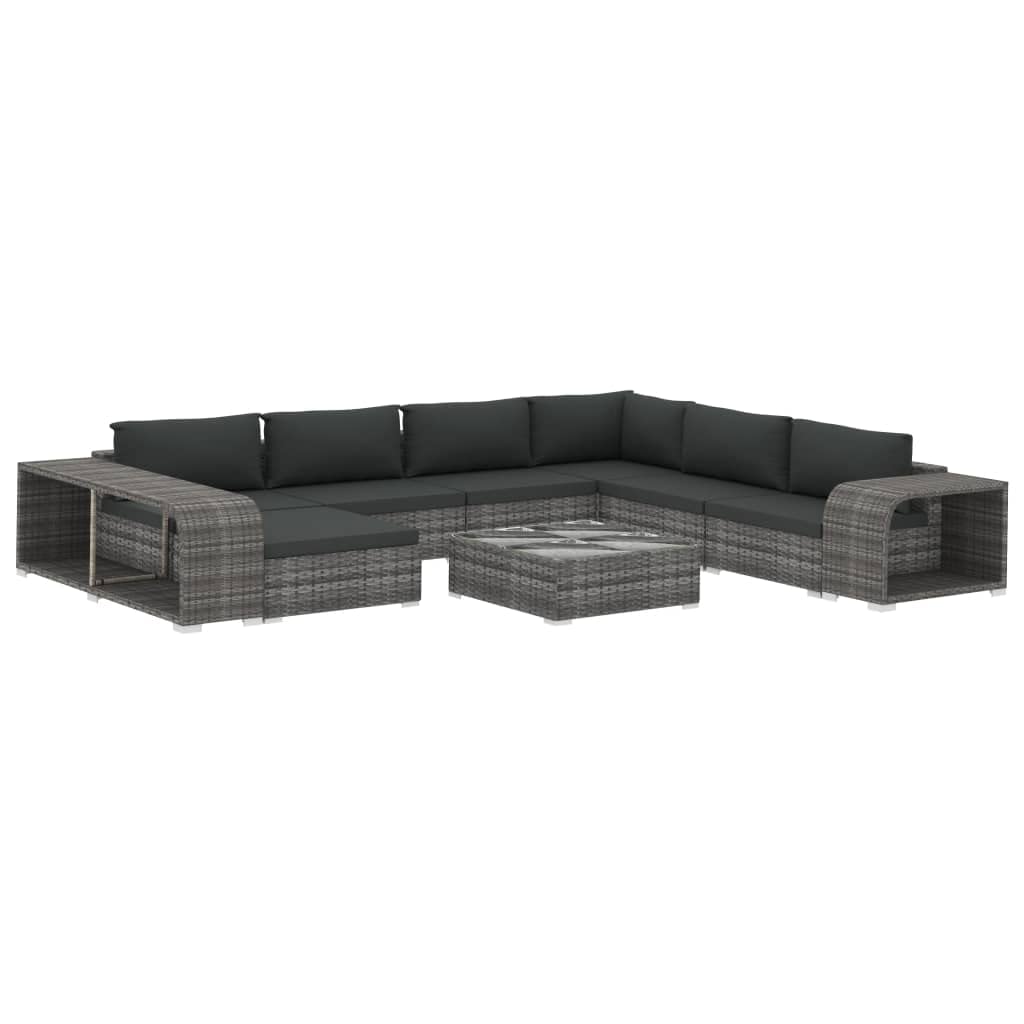 Juego de 10 muebles de jardín de ratán sintético con cojines, conjunto modular de sofá para jardín y terraza, incluye mesa de centro y mesas auxiliares, estructura de acero, color gris/gris