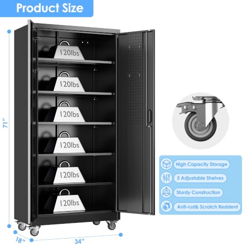 Image of Aobabo Black Metal Garage Storage Cabinet with Wheels, 34 inchW x 18 inchD x 71 inchH