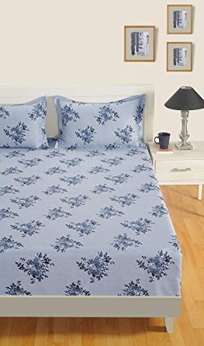 Image of Swayam Mercerized Pure Cotton Single Bedsheet with 1 Pillow Cover | Size 60 x 90 inch | 250 TC | Floral Design | Soft Breathable Bed Sheet | Comfortable & Durable for Bedroom - Blue