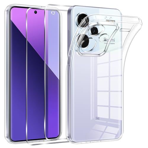 Phoona Funda para Xiaomi Redmi Note 13 Pro Plus 5G / Note 13 Pro+ 5G Carcasa con 2 Piezas Cristal Templado,Transparente Silicona TPU Protección Funda Anti Choques y Anti Arañazos Caso