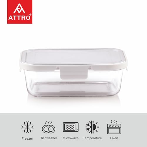 Image of ATTRO Glassox Borosilicate Rectangular Glass Lunch Box with Stainless Steel Lid Food Storage Container Microwave & Freezer Safe BPA-Free Food-Grade 1520ml, Transparent